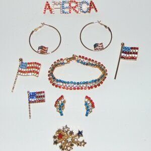 Mostly Vintage 8 Pc Rhinestone Patriotic Jewelry Lot Avon and More